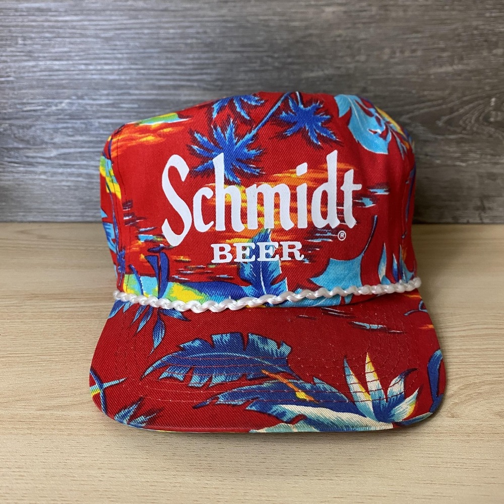 Vintage Schmidt Beer Hat Cap Snap Back Red Hawaiian Floral Trucker Mens 80s